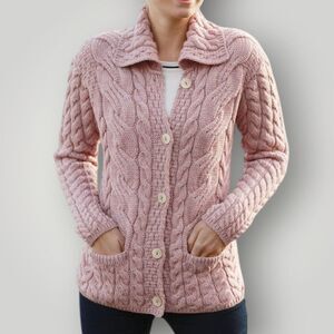 Ireland Aran Knit Super Soft Merino Wool Shawl Cardigan Sweater Womans XL Pink